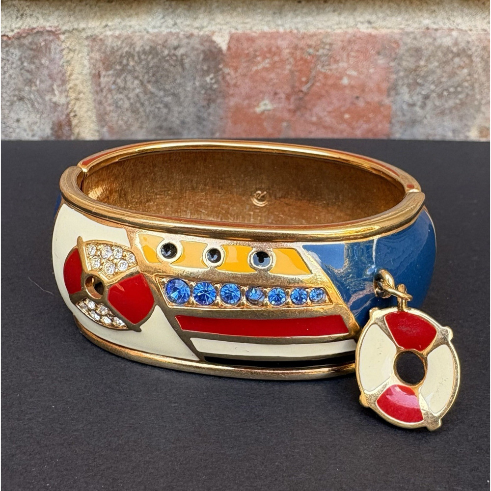 Swarovski Crystal Bracelet Wide Hinged Gold Tone Enamel Charm Cuff Nautical